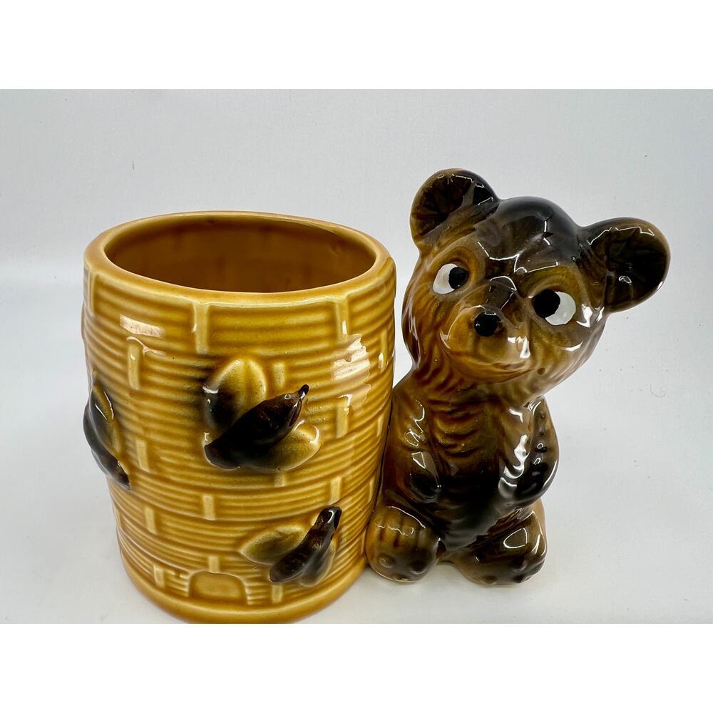Vintage Beehive Bear Honey Pot Jar Ceramic Brown Glaze Japan Bees 4” Tall